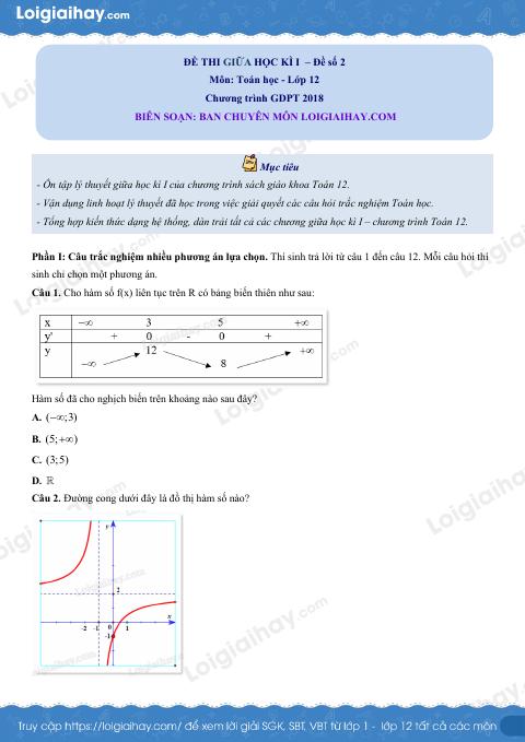 Đề thi giữa kì 1 Toán 12 - Đề số 2